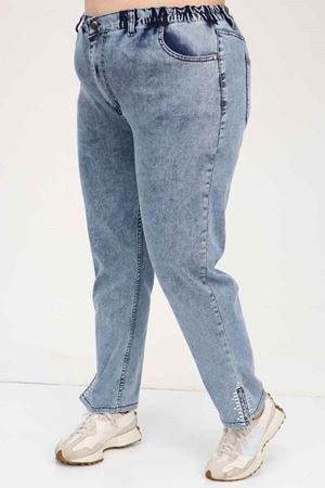 49023 Büyük Beden Arkası Lastikli Kemerli Kot Pantolon - Mavi