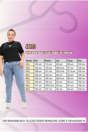 49023 Büyük Beden Arkası Lastikli Kemerli Kot Pantolon - Mavi