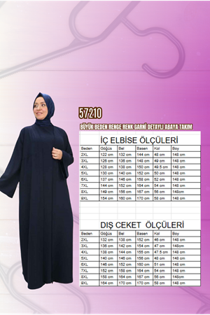 57210 Büyük Beden Renge Renk Garni Detaylı Abaya Takım - Siyah