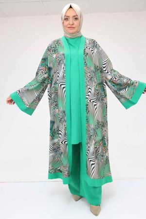 57301 Büyük Beden Farklı Kumaş Kombinli Üçlü Takım - Beneton