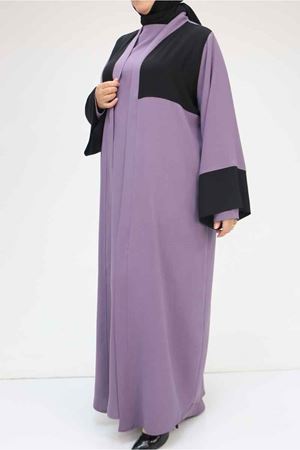 57206 Büyük Beden Garni Detaylı Etamin Elbiseli Abaya - Lila-Siyah