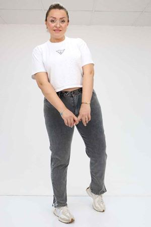 49023 Büyük Beden Arkası Lastikli Kemerli Kot Pantolon - Antrasit