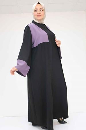 57206 Büyük Beden Garni Detaylı Etamin Elbiseli Abaya - Siyah-Lila