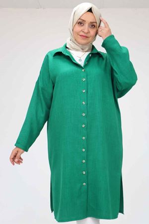 58065 Büyük Beden Melanj Keten Düşük Kol Gömlek - Beneton