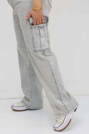 49031 Büyük Beden Yan Cepli Kot Pantolon - Kar Yıkama Gri