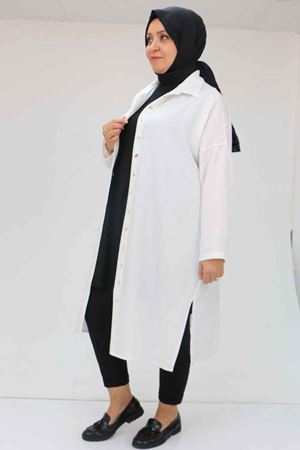 58065 Büyük Beden Melanj Keten Düşük Kol Gömlek - Ekru