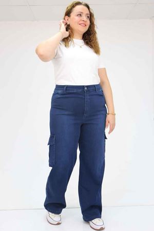 49031 Büyük Beden Yan Cepli Kot Pantolon - Spreyli Lacivert