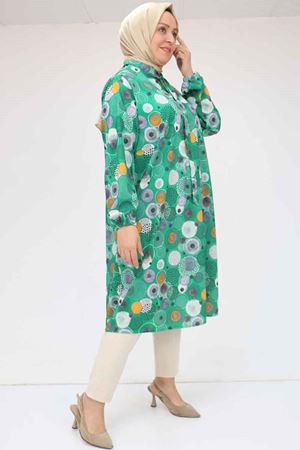 F-58023 Büyük Beden Yakası Bağlamalı Jesica Tunik - Daire Desen Beneton