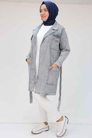 43070 Büyük Beden Taş İşlemeli Manşetli Kot Ceket - Gri