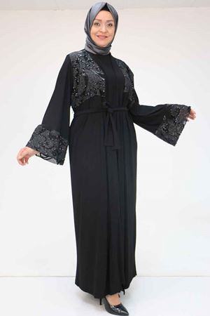 57203 Büyük Beden Sandy-Pul Payet Yelek-Elbise - Siyah