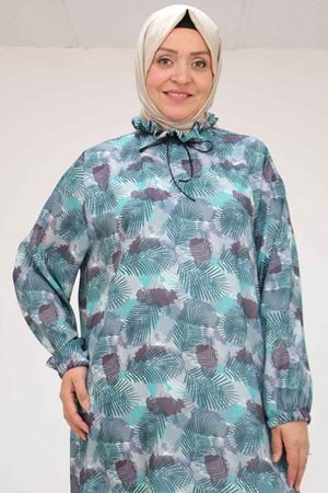 58028 Büyük Beden Yaka Fırfırlı Jesica Tunik - Yaprak Desen Mint