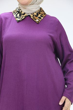 58012 Büyük Beden Kombin Erkek Yakalı Bürümcük Tunik - Mürdüm