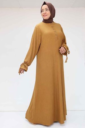 F-52005 Büyük Beden Kolu Bağlamalı Bürümcük Elbise - Taba