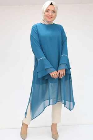 58018 Büyük Beden Kolu Volanlı Taş Baskılı Şifon Tunik - Petrol