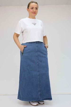 45011 Büyük Beden Fermuarlı Kot Etek - Mavi