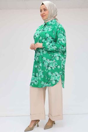 58052 Büyük Beden Erkek Yakalı Jesica Gömlek Tunik - Gül Desen Beneton