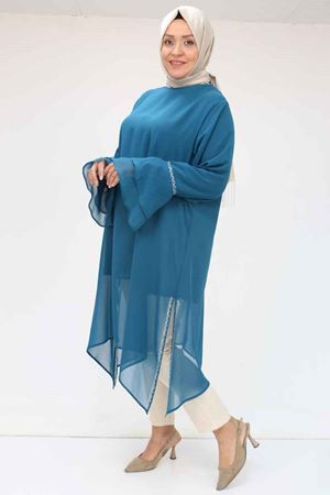 58018 Büyük Beden Kolu Volanlı Taş Baskılı Şifon Tunik - Petrol