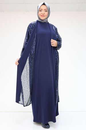 47205 Büyük Beden Pul Payetli -Sandy Elbise - Lacivert