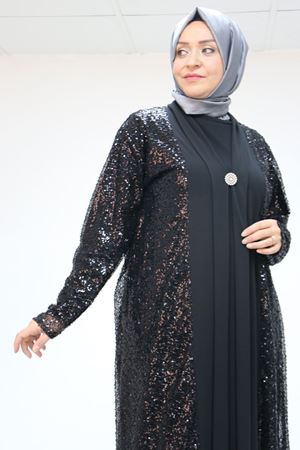 47205 Büyük Beden Pul Payetli -Sandy Elbise - Siyah