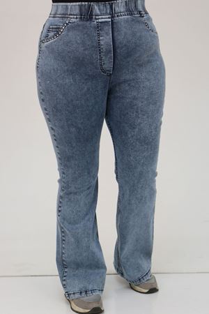 9201 Büyük Beden Beli Lastikli İnci Taş Detaylı Kot Pantolon - Buz Mavi