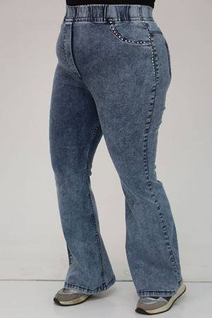 9201 Büyük Beden Beli Lastikli İnci Taş Detaylı Kot Pantolon - Buz Mavi