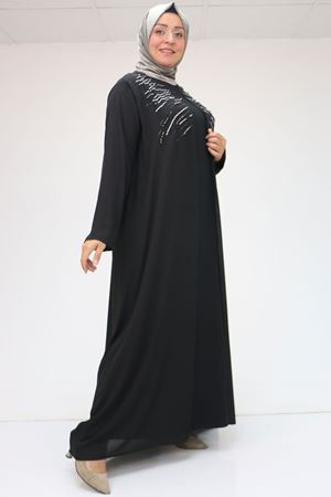 42020 Büyük Beden Taş Baskılı Sandy - Şifon Takım - Siyah