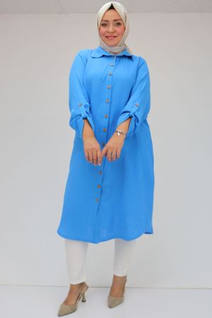 48058 Büyük Beden  Düğmeli Müslin Gömlek - Mavi