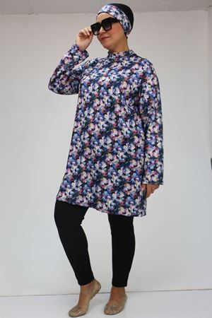 1727 Büyük Beden  Uzunkol Tesettür Mayo Takım - Gül Çiçekli