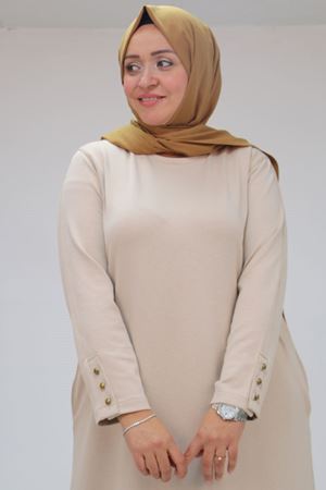 42031 Büyük Beden Cepli Patlı Modal Elbise - Bej