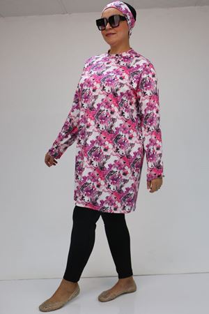 1727 Büyük Beden  Uzunkol Tesettür Mayo Takım - Pembe - Gri