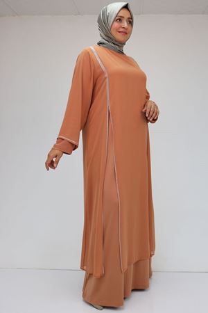 42001 Büyük Beden  Sandy Taş Detaylı Elbise - Somon