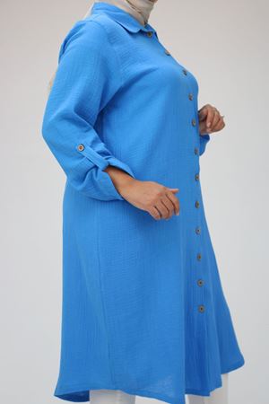 48058 Büyük Beden  Düğmeli Müslin Gömlek - Mavi