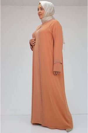 42018 Büyük Beden  Taş Baskılı Sandy-Şifon Elbise - somon