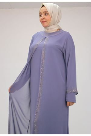 42018 Büyük Beden  Taş Baskılı Sandy-Şifon Elbise - Mor