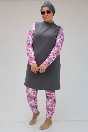 F-1729 Büyük Beden Uzunkol Tesettür Mayo Takım - Pembe - Gri