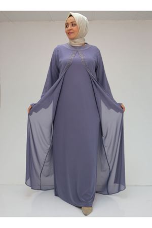 42018 Büyük Beden  Taş Baskılı Sandy-Şifon Elbise - Mor