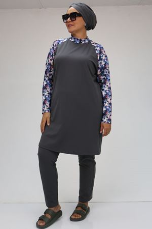 1734 Büyük Beden  Reglan Kol Tesettür Mayo - Gül Çiçekli