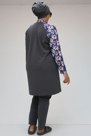 1734 Büyük Beden  Reglan Kol Tesettür Mayo - Gül Çiçekli