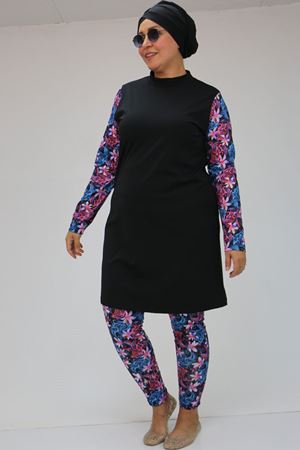 F-1729 Büyük Beden Uzunkol Tesettür Mayo Takım - Siyah - Fuşya