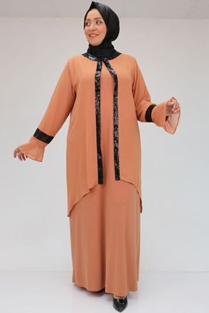 F-32015 Büyük Beden Pul Payet Detaylı Sandy-Şifon Elbise - Somon