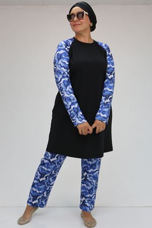 F-1729 Büyük Beden  Uzunkol Tesettür Mayo Takım - Mavi Dalgalı