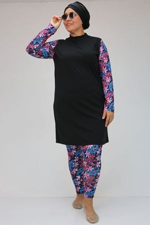 F-1729 Büyük Beden Uzunkol Tesettür Mayo Takım - Siyah - Fuşya