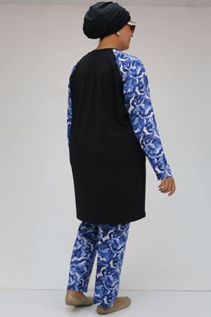 F-1729 Büyük Beden  Uzunkol Tesettür Mayo Takım - Mavi Dalgalı