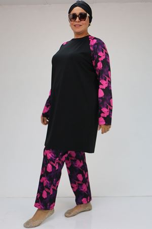 F-1729 Büyük Beden  Uzunkol Tesettür Mayo Takım - Fuşya Çiçekli