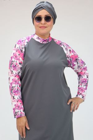 1734 Büyük Beden  Reglan Kol Tesettür Mayo - Pembe - Gri