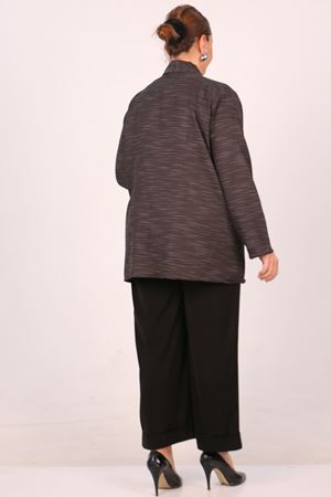 F-43021 Büyük Beden Çıkabilir Broş'lu Dokuma Kumaş Kısa Ceket-Kırçıllı Siyah