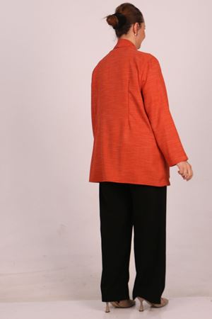 F-43021 Büyük Beden Çıkabilir Broş'lu Dokuma Kumaş Kısa Ceket-Kırçıllı Kiremit