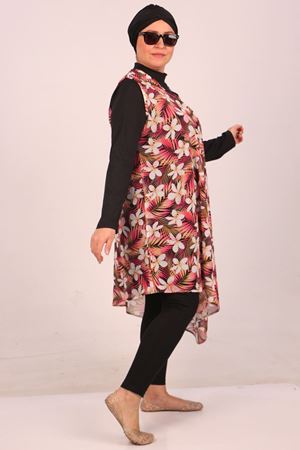 1723 Büyük Beden Uzun Kol Şifon Pareolu Tesettür Mayo Takım - Mercan