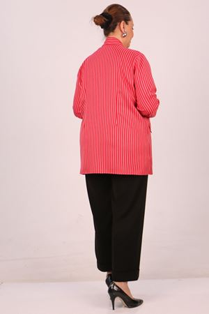 F-43021 Büyük Beden Çıkabilir Broş'lu Dokuma Kumaş Kısa Ceket-Çizgili Kırmızı