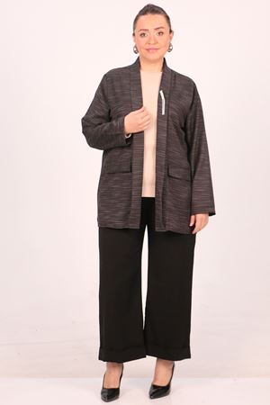 F-43021 Büyük Beden Çıkabilir Broş'lu Dokuma Kumaş Kısa Ceket-Kırçıllı Siyah